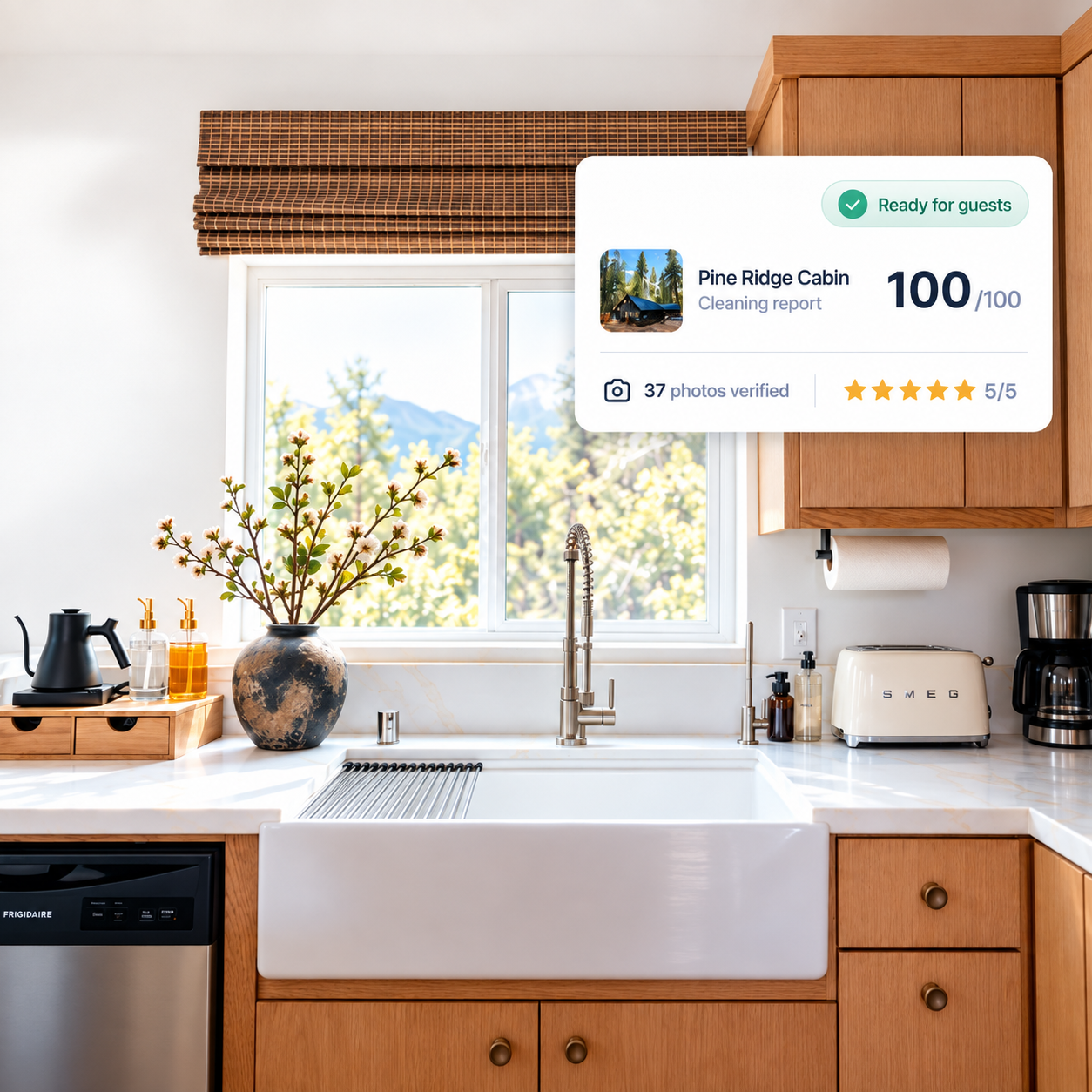 A cleaned kitchen ready for guests, with Chai's cleaning report card showing a perfect score of 100 out of 100.