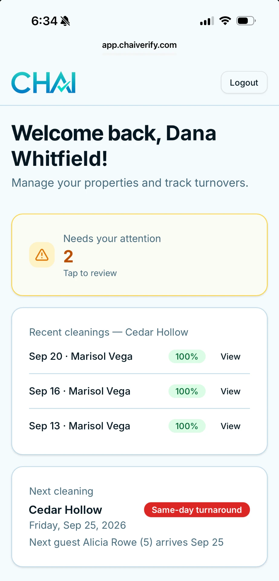 The Chai host dashboard on a phone, showing recent cleanings scored at 100 percent and a same-day turnaround coming up.