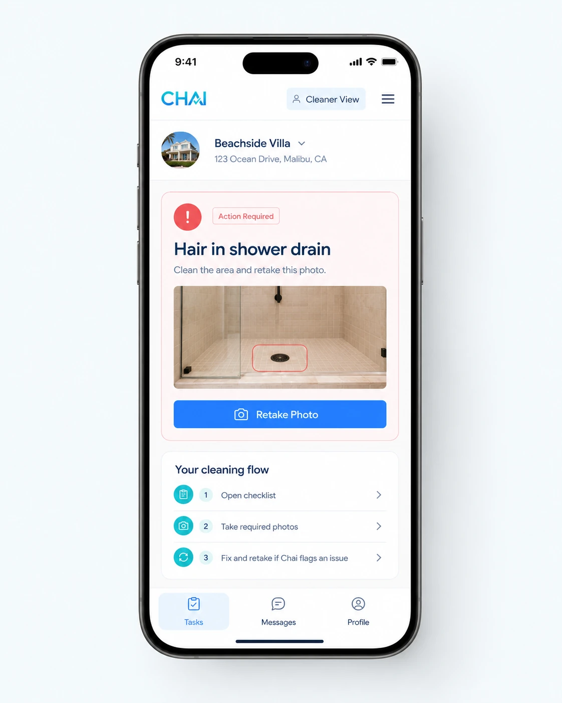 Cleaner-facing Chai mobile app showing a fix prompt and retake photo button.